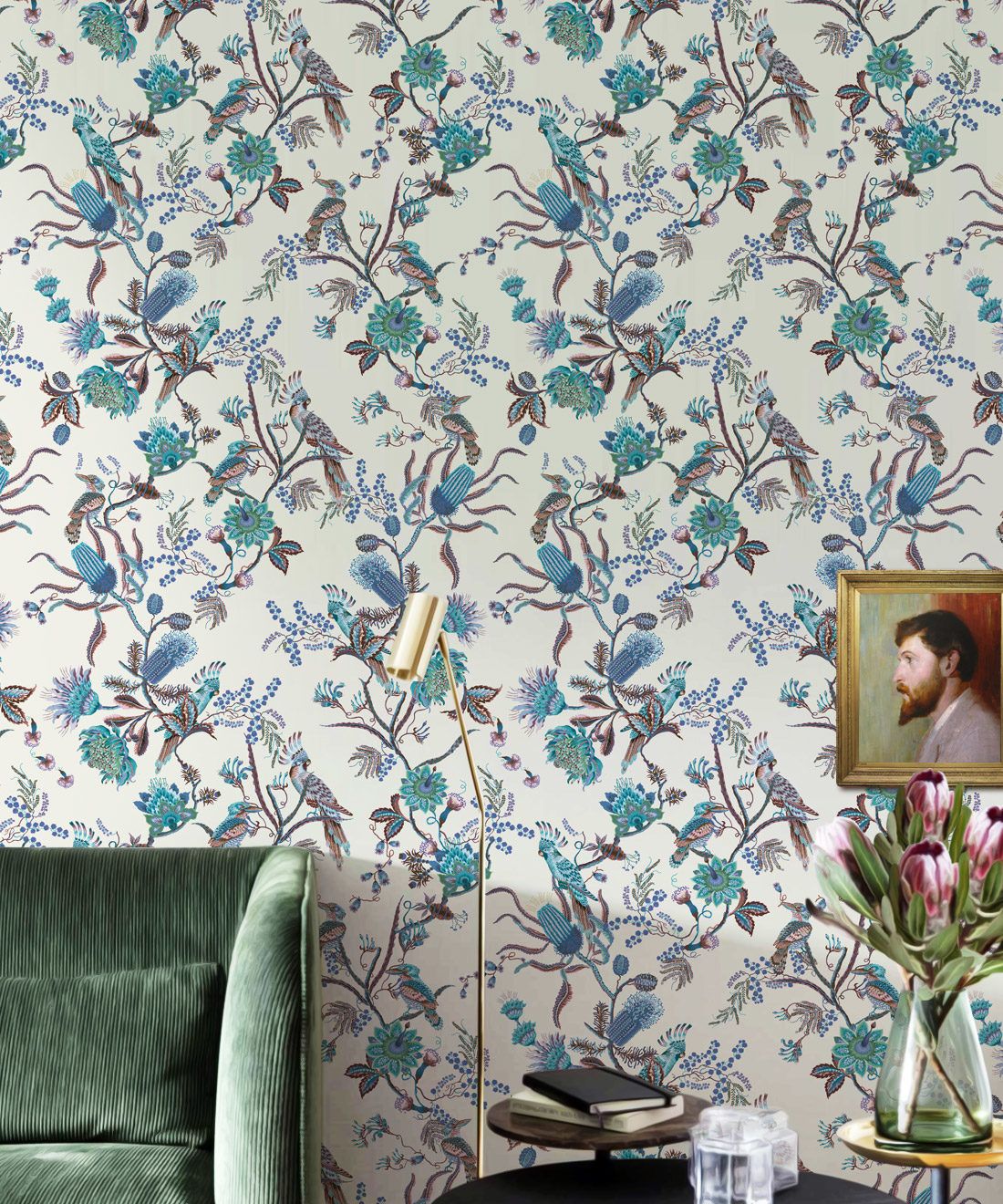 Matilda Wallpaper • Cockatoo, kookaburra • Australian Wallpaper • Milton & King USA • Blue Bell Insitu