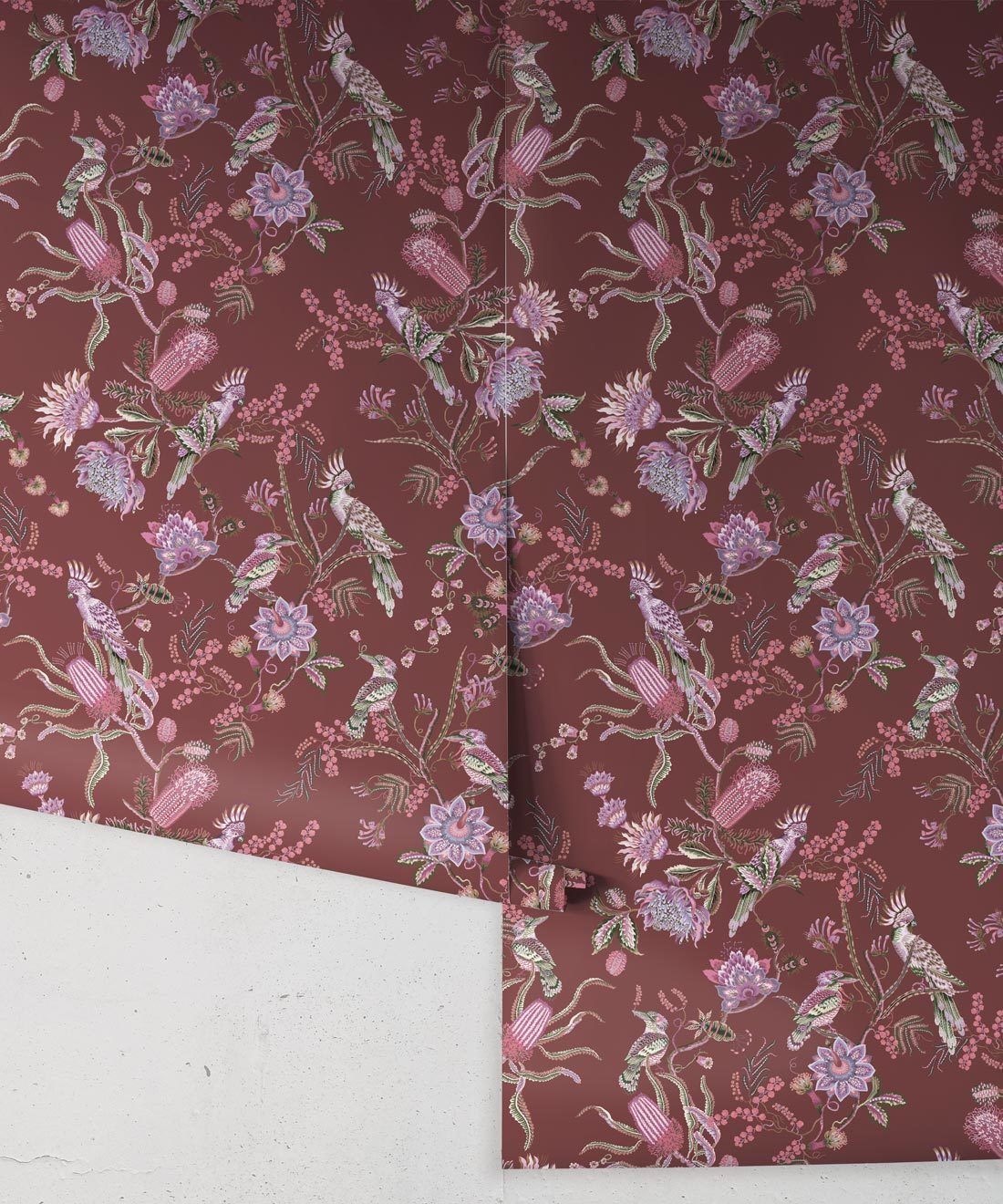 Matilda Wallpaper • Cockatoo, kookaburra • Australian Wallpaper • Milton & King USA • Plum Roll