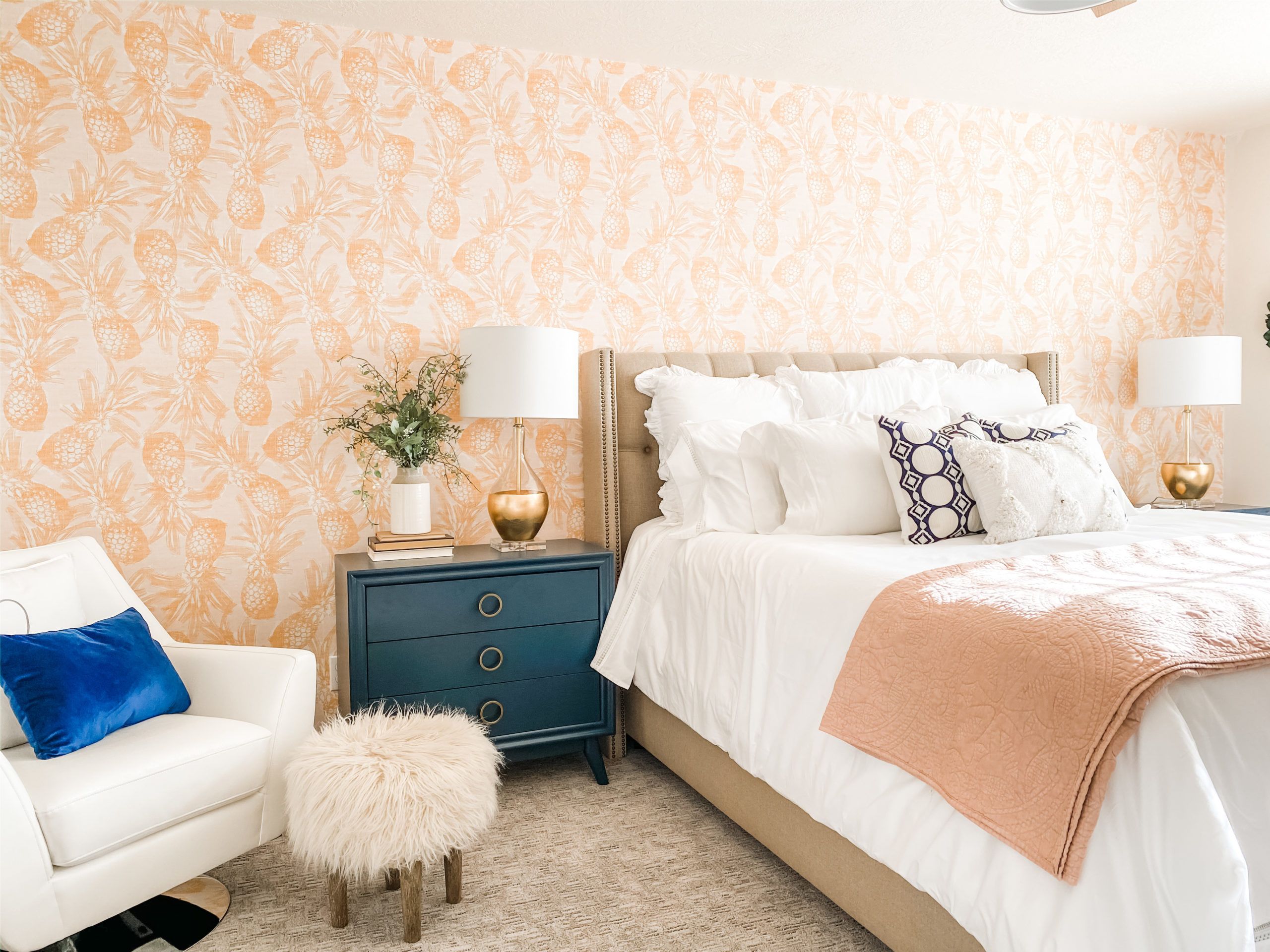 Calypso Wallpaper • Golden Yellow Pineapple Wallpaper • Cheerful Bedroom • @OurFigTreeCottage