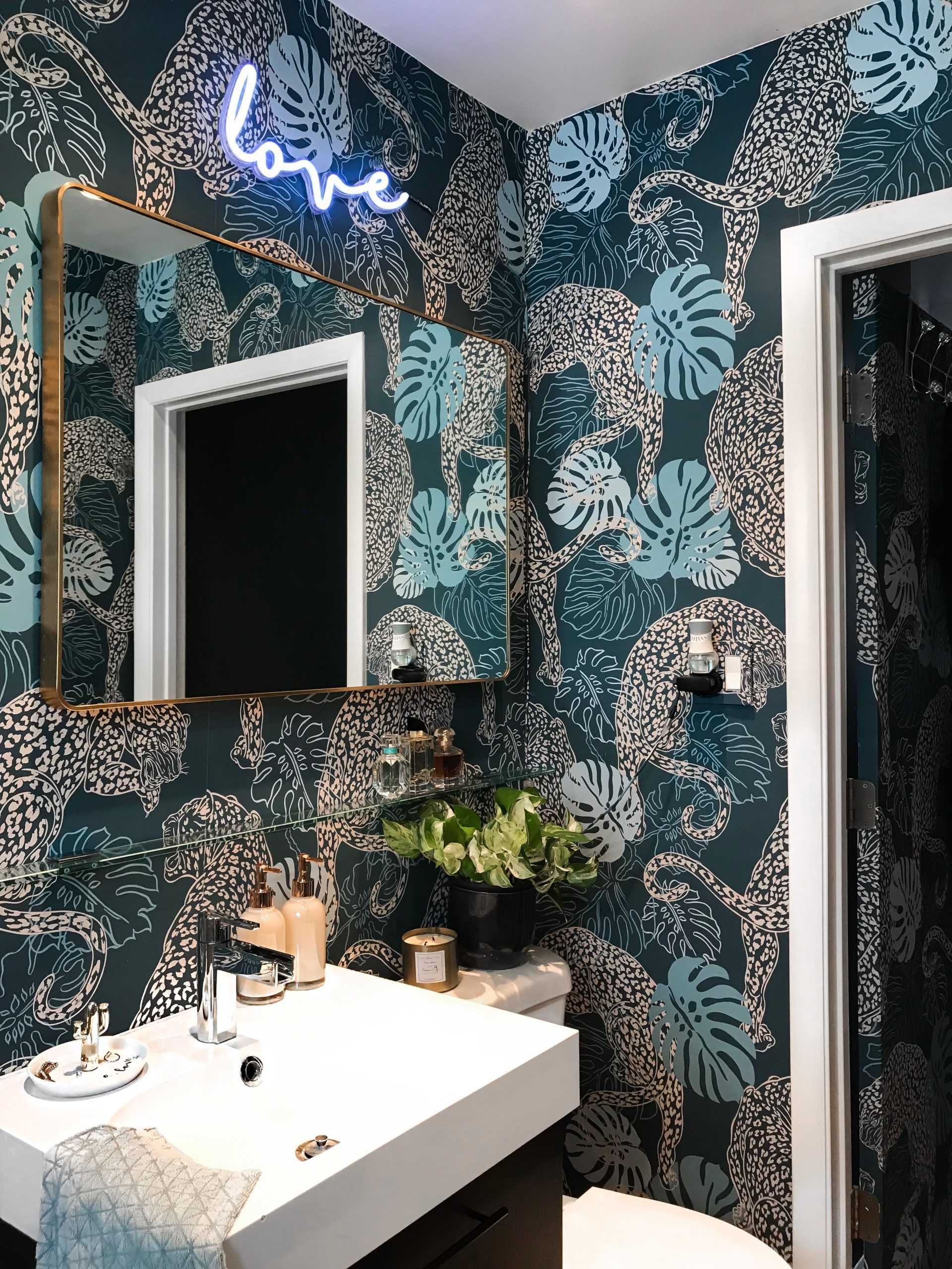 Leopard Wallpaper • Bathroom Wallpaper • teal wallpaper • Signed Blake