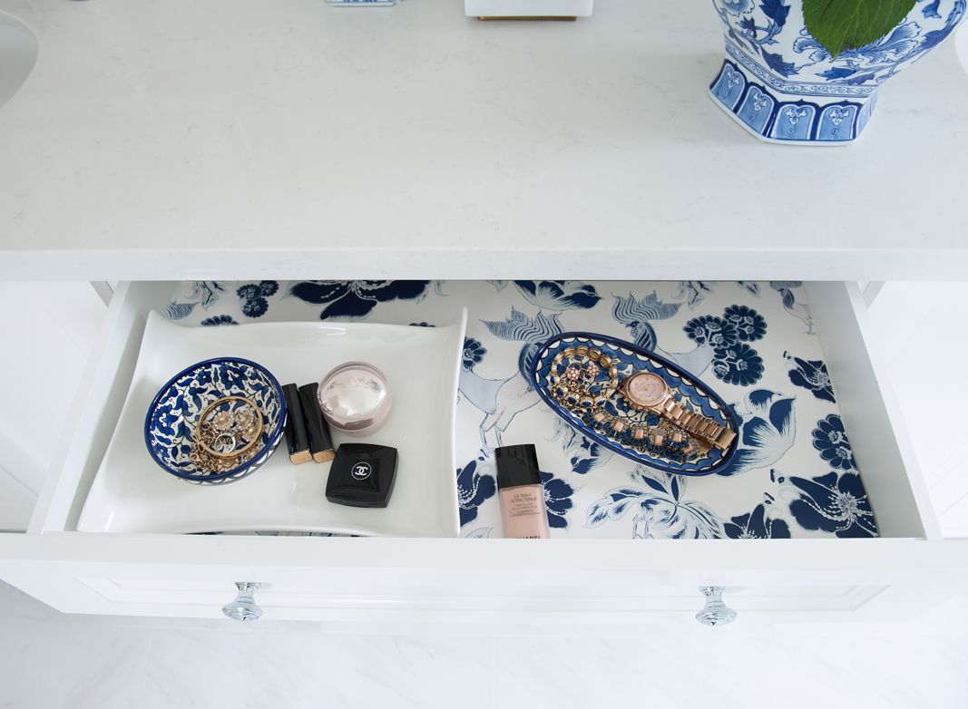 Nancy Marcus • Bathroom Reno • Three PM Wallpaper • Blue Farmhouse Wallpaper • Wallpaper With Roosters • Off The Wall uses for wallpaper • Drawer lining in a bathroom vanity