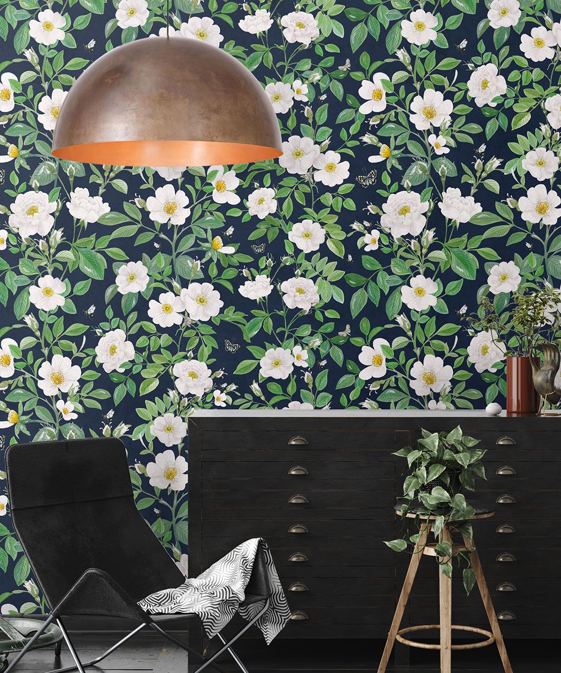 Rosa Wallpaper • Floral Wallpaper • Navy • Insitu