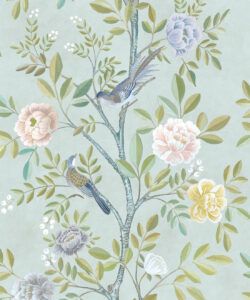 Chinoiserie Wallpaper • Floral Wallpaper • Bird Wallpaper • Magnolia • Aqua • Swatch