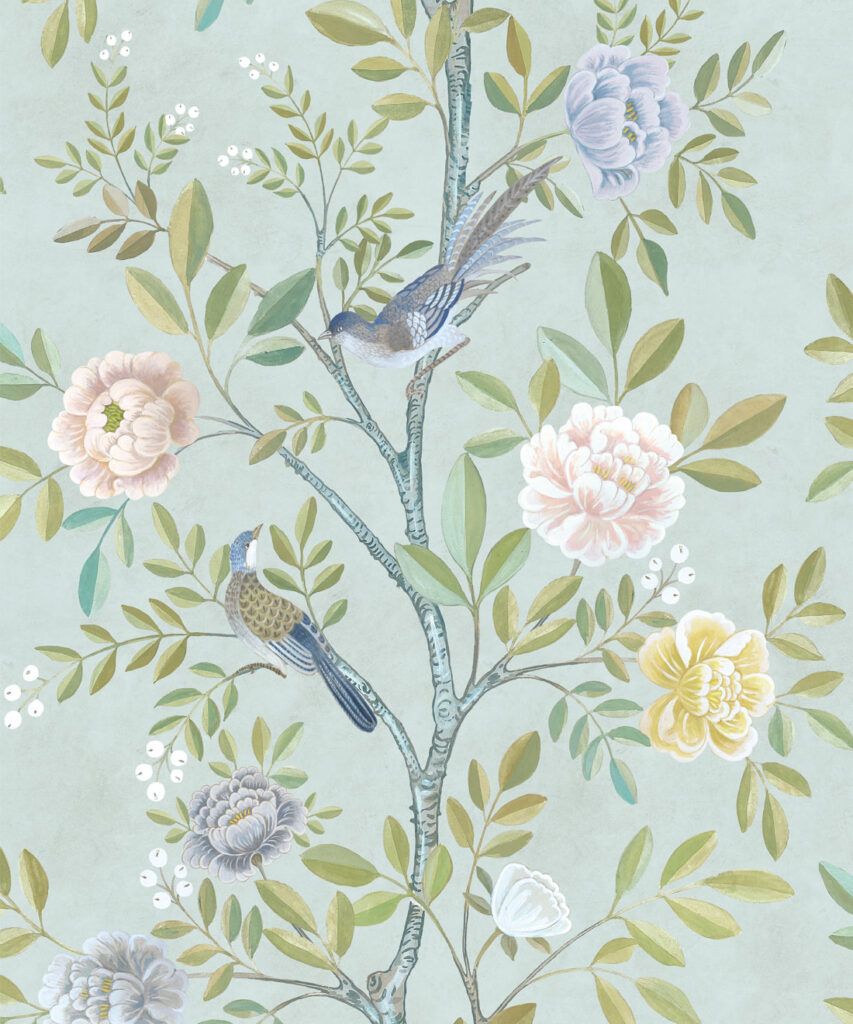 Chinoiserie Wallpaper • Floral Wallpaper • Bird Wallpaper • Magnolia • Aqua • Swatch