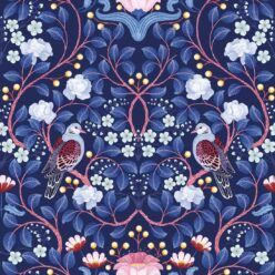 Turtle Doves Wallpaper • Bold Colorful Bird Wallpaper • Blueberry • Swatch