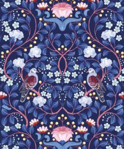 Turtle Doves Wallpaper • Bold Colorful Bird Wallpaper • Blueberry • Swatch