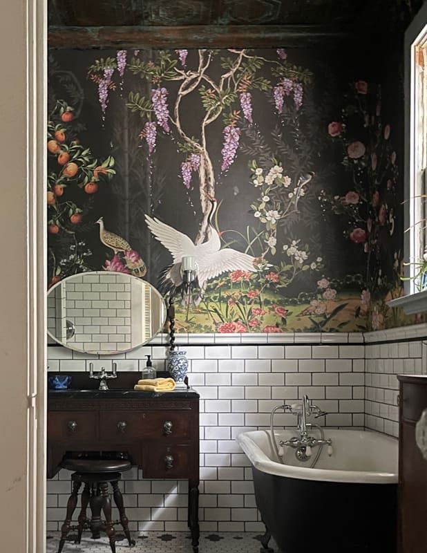 Oriental Garden Mural in a bathroom with a claw foot bathtub