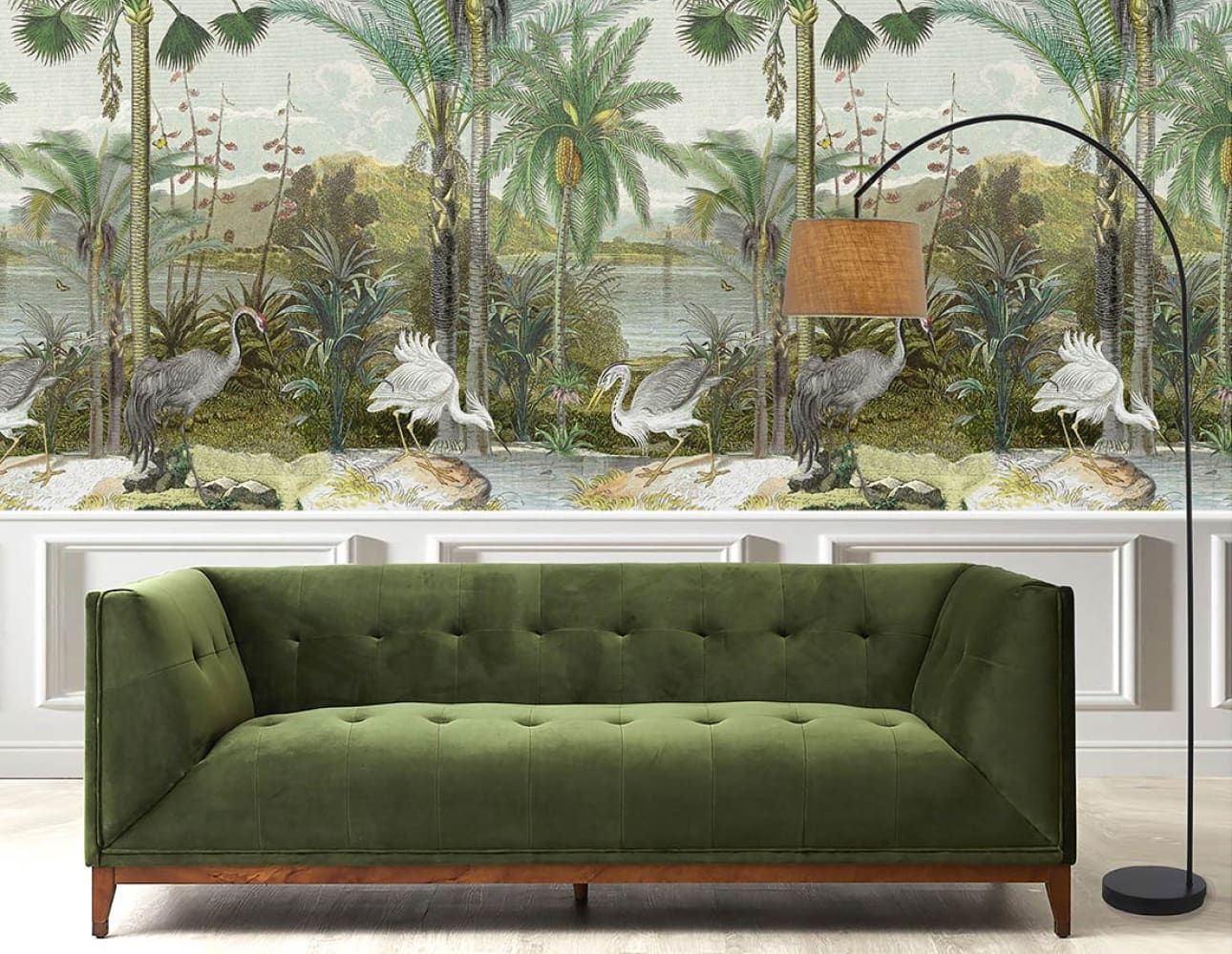 South Asian Subcontinent Mural with a green velvet couch