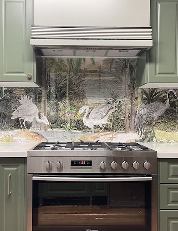 South Asian Subcontinent Mural as a backsplash in a modern green kitchen