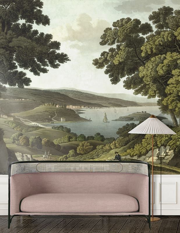 English Landscape Mural in a modern bight living room