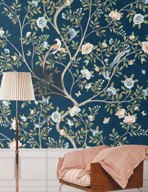 Camellia Tree Mural in front of a pink living room couch