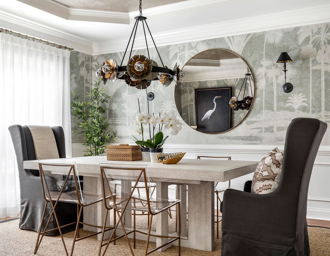Shadow Palms Mural in a bight modern dining room with classical paneling on the walls