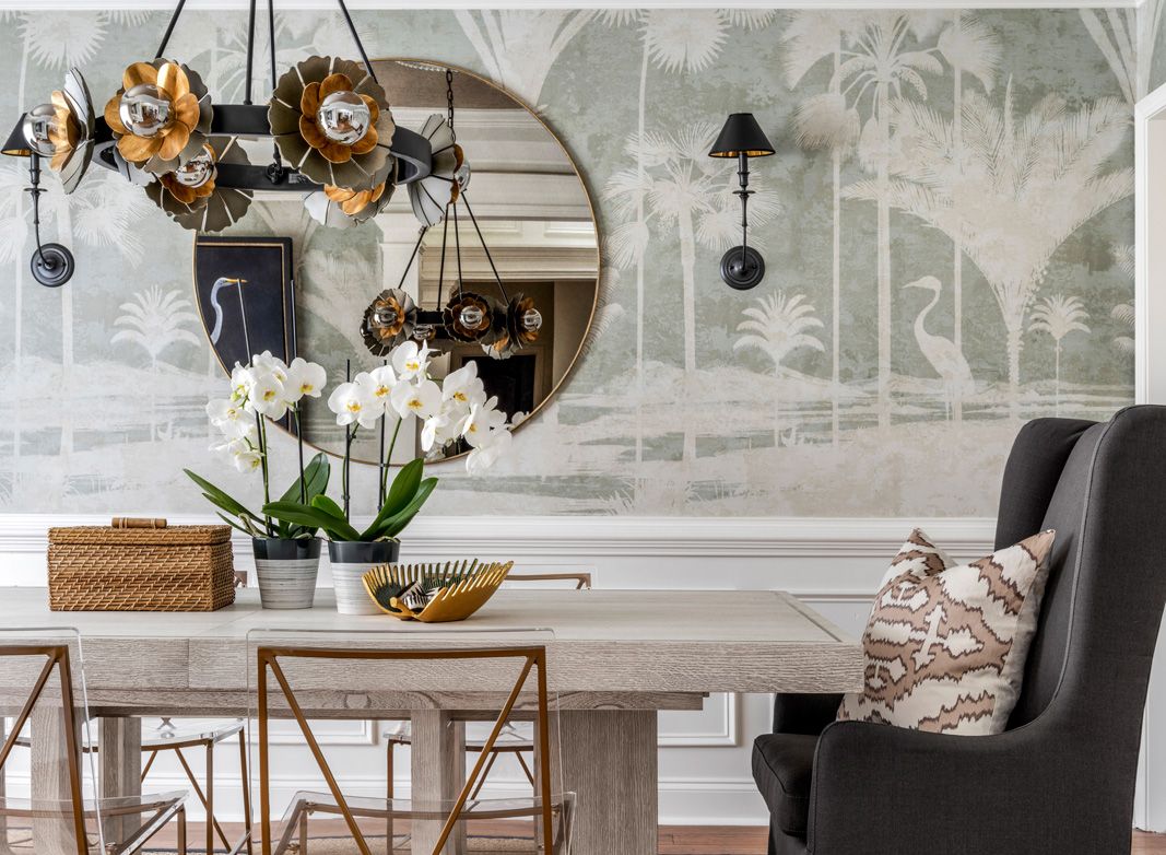 Shadow Palms Mural on a half wall with paneling, room styled by Erika Ward