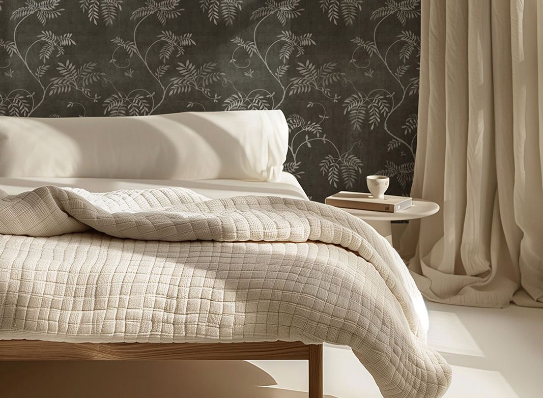 Wisteria Vine Wallpaper in Charcoal by Bethany Linz in a neutral bedroom